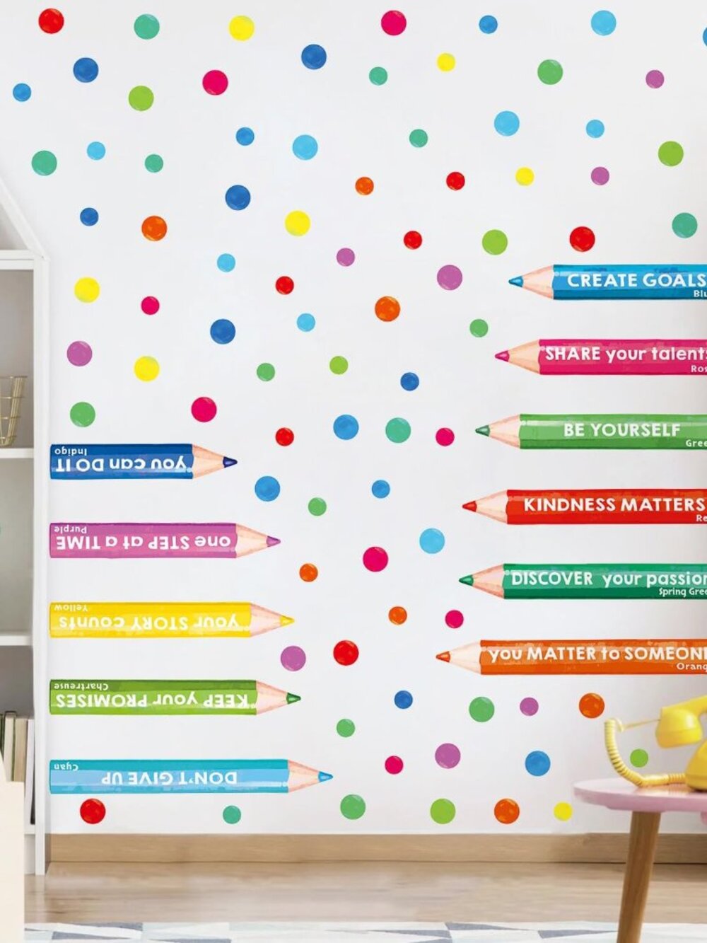 Inspirational Wall Decals, Multicolor Pencils Polka Dots Wall Stickers, Peel and